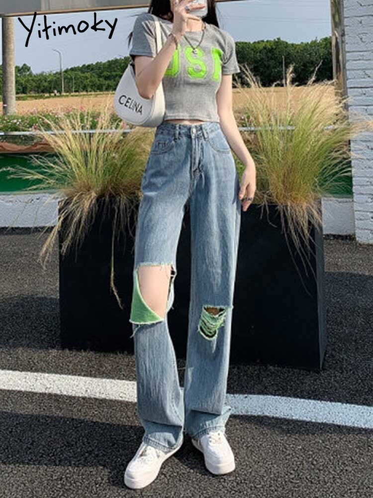 Yitimuceng Ripped Jeans for Women 2022 New Fashion Hole High Waisted Jeans Woman Vintage Streetwear Wide Leg Pants F